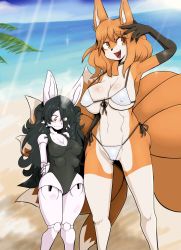Rule 34 | 2girls, bikini, black hair, brown eyes, doll joints, extra breasts, furry, highres, joints, multiple girls, open mouth, orange hair, ruishin, short hair, smile, swimsuit