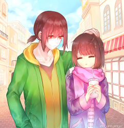 Rule 34 | 1boy, 1girl, brown hair, chara (undertale), collarbone, cup, dayuh, disposable cup, drinking straw, closed eyes, frisk (undertale), holding, hood, hoodie, jacket, aged up, open mouth, headpat, red eyes, scarf, shirt, short ponytail, smile, spoilers, undertale, upper body, watermark, web address, alternate universe, winter clothes
