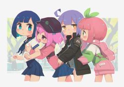 Rule 34 | 4girls, :/, :d, :o, ahoge, backpack, bag, black choker, blue eyes, blue hair, blue skirt, blunt bangs, blush, choker, clenched hands, commentary, cropped legs, english commentary, flat chest, flat chest grab, from side, frown, grabbing, grabbing from behind, green eyes, green ribbon, hair ribbon, hand in another&#039;s pocket, hands on another&#039;s waist, hat, highres, jacket, long sleeves, looking at another, multiple girls, open mouth, original, outline, pink eyes, pink hair, pleated skirt, porforever, purple hair, ribbon, school uniform, serafuku, short hair, short sleeves, skirt, smile, triangle mouth, white outline, yellow eyes