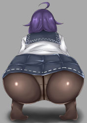 Rule 34 | 10s, 1girl, ahoge, ass, ass focus, bad id, bad pixiv id, crotch seam, facing away, from behind, grey background, highres, kantai collection, no shoes, panties, panties under pantyhose, pantyhose, purple hair, simple background, skirt, solo, squatting, taigei (kancolle), terakoya, underwear, white panties