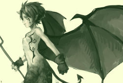 Rule 34 | 1girl, a-ka, bad id, bad pixiv id, bat wings, demon tail, female focus, flat chest, gloves, horns, monochrome, original, pointy ears, short hair, simple background, solo, tail, tattoo, wings