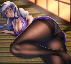 Rule 34 | 1girl, ass, blue hair, blush, breasts, brown eyes, cleavage, closed mouth, collarbone, commentary request, dress, feet, from behind, furrowed brow, hair between eyes, highres, kamishirasawa keine, lace, lace panties, large breasts, light blue hair, long hair, looking at viewer, looking back, lying, mimasi osuwari, on floor, on side, panties, panties under pantyhose, pantyhose, puffy sleeves, purple dress, sidelocks, sliding doors, solo, tatami, thick thighs, thighs, toes, touhou, underwear, white panties