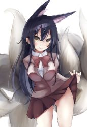 Rule 34 | 1girl, ahri (league of legends), alternate costume, animal ears, black hair, blazer, blush, breasts, fox ears, fox tail, harenchi, highres, jacket, league of legends, long hair, looking at viewer, multiple tails, simple background, sketch, smile, solo, tail, tsurime, white background, yellow eyes