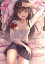 Rule 34 | 1girl, bad id, bad pixiv id, bed, black hair, black skirt, blunt bangs, blush, bow, bowtie, breasts, collared shirt, commentary request, cushion, fingernails, green panties, hand on own head, hand on own thigh, highres, inaka 44, long hair, long sleeves, looking at viewer, lying, medium breasts, miniskirt, mole, mole on thigh, nail polish, on back, on bed, open mouth, original, panties, pink bow, pink nails, pink ribbon, pleated skirt, red bow, red bowtie, red eyes, ribbon, school uniform, shirt, skirt, sleeves rolled up, solo, striped bow, striped bowtie, striped clothes, striped neckwear, underwear, unworn bowtie, white shirt