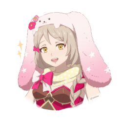 Rule 34 | 1girl, animal hat, blonde hair, braid, braided ponytail, brown gloves, easter egg, egg, expressive clothes, fire emblem, fire emblem engage, fire emblem heroes, flower ornament, framme (spring) (fire emblem), gloves, hair over shoulder, hat, highres, nintendo, official alternate costume, open mouth, pink hair, pink hat, rabbit hat, scarf, single braid, solo, tak0baka, yellow eyes, yellow scarf