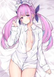 Rule 34 | 1girl, anchor, bed sheet, blue hair, blush, braid, breasts, closed mouth, colored inner hair, commentary request, dress shirt, hair ribbon, hand up, head tilt, highres, hololive, long hair, long sleeves, looking at viewer, lying, minato aqua, multicolored hair, naked shirt, on back, pink hair, purple eyes, purple ribbon, racchi., ribbon, shirt, sidelocks, small breasts, solo, streaked hair, twintails, two-tone hair, very long hair, virtual youtuber, white shirt