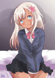 Rule 34 | 1girl, alternate costume, bed, black skirt, blazer, blonde hair, blue eyes, blue jacket, bow, bowtie, collared shirt, commentary request, flower, fuji (pixiv24804665), hair flower, hair ornament, highres, jacket, kantai collection, long hair, looking at viewer, pink bow, pink bowtie, pleated skirt, ro-500 (kancolle), school uniform, shirt, sitting, skirt, smile, solo, tan, v arms, wariza