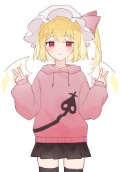 Rule 34 | 1girl, absurdres, alternate costume, black skirt, black thighhighs, blush, closed mouth, commentary request, cowboy shot, double v, fang, flandre scarlet, hat, hat ribbon, highres, hood, hoodie, long sleeves, looking at viewer, miniskirt, mob cap, pleated skirt, red eyes, red hoodie, red ribbon, ribbon, simple background, skirt, solo, suikario, thighhighs, touhou, v, white background, white hat, zettai ryouiki