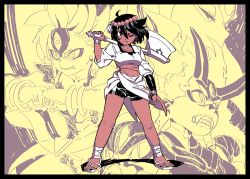 Rule 34 | 2girls, ahoge, ajna (indivisible), armor, axe, beads, closed eyes, commentary, dark-skinned female, dark skin, extra eyes, fangs, fist bump, glaring, heruka (indivisible), horns, indivisible, monochrome background, multiple girls, official art, one eye closed, over shoulder, sandals, sharp teeth, short eyebrows, short hair, shorts, shorts under skirt, teeth, thick eyebrows, weapon, weapon over shoulder, yoshinari you