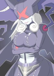 Rule 34 | absurdres, angel, covered eyes, demon, digimon, fallen, highres, ladydevimon, ladydevimon x-antibody, mask, tongue, tongue out, white hair, wings