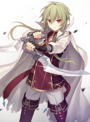 Rule 34 | black gloves, boots, cape, dual wielding, fingerless gloves, glint, gloves, gradient background, green hair, grey background, grey pants, hair between eyes, hijiri (resetter), holding, holding sword, holding weapon, long hair, long sleeves, looking at viewer, original, pants, puffy long sleeves, puffy sleeves, red eyes, red footwear, red thighhighs, solo, sword, thigh boots, thighhighs, torn cape, torn clothes, v-shaped eyebrows, weapon, white background, white cape