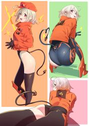 Rule 34 | 1girl, ahoge, ass, black gloves, boots, border, character request, copyright request, demon tail, gloves, henken, high heel boots, high heels, highres, jacket, light brown hair, looking at viewer, lying, multiple views, on stomach, open mouth, orange jacket, red eyes, short hair, smile, squatting, standing, tail, thighs, white border