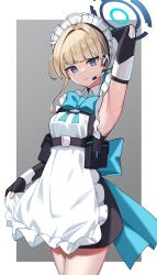 Rule 34 | 1girl, apron, apron hold, arm behind head, arm up, armpits, black dress, black gloves, blue archive, blue bow, blue bowtie, blue eyes, blunt bangs, border, bow, bowtie, breasts, chest harness, closed mouth, commentary, cowboy shot, dated commentary, dress, elbow gloves, expressionless, fingerless gloves, frilled apron, frills, gloves, grey background, halo, harness, highres, looking at viewer, maid apron, maid headdress, microphone, small breasts, solo, standing, toki (blue archive), white apron, white border, zara (artist)