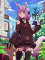 Rule 34 | 1girl, absurdres, animal ears, animal print, bare shoulders, black thighhighs, blush, book, bow, city, closed mouth, collar, cowboy shot, day, fox ears, fox girl, fox tail, hair ribbon, hairband, highres, holding, holding book, hood, hood down, hoodie, lamppost, long sleeves, looking away, nail polish, neck ribbon, off shoulder, open book, original, puffy long sleeves, puffy sleeves, purple eyes, purple hair, purple ribbon, red bow, red ribbon, ribbon, smile, solo, sonikey0 0, tail, thighhighs, tress ribbon