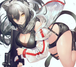 Rule 34 | 1girl, akizone, animal ear fluff, animal ears, arknights, black footwear, black hair, black shorts, boots, breasts, cat ears, cat tail, cleavage, commentary, english commentary, gradient hair, gun, hair between eyes, holding, holding gun, holding weapon, jacket, large breasts, long hair, long sleeves, looking at viewer, multicolored hair, open mouth, scarf, schwarz (arknights), short shorts, shorts, silver hair, simple background, solo, tail, thighs, weapon, white background, white jacket, yellow eyes, zipper