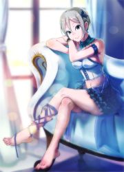 Rule 34 | 10s, 1girl, ankle lace-up, arm garter, barefoot, blue eyes, bracelet, brown hair, casino (casinoep), corset, couch, cross-laced clothes, cross-laced footwear, earrings, feet, full body, hair ornament, hairclip, highres, idolmaster, idolmaster cinderella girls, jewelry, crossed legs, looking at viewer, midriff, navel, shiomi syuko, short hair, sitting, skirt, smile, solo, toenails, toes