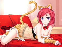 Rule 34 | 10s, 1girl, animal ears, animal print, arm warmers, bare shoulders, corsage, detached collar, high heels, kemonomimi mode, looking at viewer, love live!, love live! school idol festival, love live! school idol project, lying, miniskirt, nishikino maki, on stomach, purple eyes, red hair, see-through, skirt, smile, solo, tail, tiger ears, tiger print, tiger tail, tucana