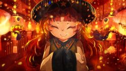 Rule 34 | 1girl, ^ ^, alternate costume, braid, chinese clothes, chinese lantern, closed eyes, facing viewer, hands in opposite sleeves, hat, hong meiling, lantern, long hair, nihimaru, outdoors, red hair, road, smile, solo, touhou, twin braids, upper body