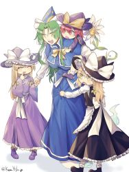 Rule 34 | 4girls, apron, black dress, black footwear, blonde hair, blue dress, boots, bow, bowtie, braid, buttons, carrying, dress, fang, flower, footwear bow, frilled dress, frills, ghost, ghost tail, green hair, hair bow, hand on own chin, hat, hat bow, highres, holding hands, kirisame marisa, kuma xylocopa, long dress, long hair, long sleeves, lotus land story, mima (touhou), multiple girls, parted bangs, phantasmagoria of dim.dream, piggyback, puffy sleeves, red eyes, red hair, shoes, side braid, single braid, smile, socks, story of eastern wonderland, sun print, sunflower, touhou, touhou (pc-98), waist apron, white bow, witch hat, wizard hat, yellow bow, yellow eyes