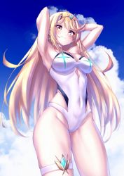 Rule 34 | 1girl, absurdres, arms up, blonde hair, breasts, gem, hakusai (hksicabb), headpiece, highres, large breasts, long hair, mythra (radiant beach) (xenoblade), mythra (xenoblade), one-piece swimsuit, ribbed swimsuit, solo, strapless, strapless one-piece swimsuit, striped clothes, striped one-piece swimsuit, swept bangs, swimsuit, tiara, two-tone swimsuit, vertical-striped clothes, vertical-striped one-piece swimsuit, very long hair, white one-piece swimsuit, xenoblade chronicles (series), xenoblade chronicles 2, yellow eyes