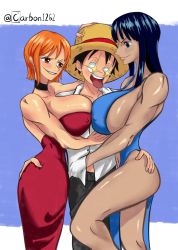 Rule 34 | 1boy, 2girls, age difference, bare shoulders, black hair, blue dress, blue eyes, breasts, choker, cleavage cutout, clothing cutout, dark-skinned female, dark skin, dress, excited, formal, girl sandwich, glowing, glowing eyes, hand on chest, hands on ass, hands on own hips, hat, highres, large breasts, looking at another, monkey d. luffy, multiple girls, nami (one piece), nico robin, nipples, no bra, no panties, official alternate costume, one piece, orange eyes, orange hair, red dress, sandwiched, seductive smile, sideboob, size difference, smile, star-shaped pupils, star (symbol), straw hat, suit, symbol-shaped pupils, thick thighs, thighs, tongue, tongue out