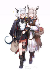 Rule 34 | 2girls, :d, alina (arknights), animal ears, antlers, arknights, arm grab, ascot, basket, black ascot, black capelet, black footwear, black gloves, black legwear, black neckerchief, black shirt, boots, brown footwear, brown hair, buttons, capelet, closed eyes, clothing request, commentary, commission, deer antlers, deer ears, deer girl, dragon girl, dragon horns, dragon tail, dress, elbow carry, english commentary, fingerless gloves, full body, gloves, grey hair, hair intakes, happy, highres, holding, horns, knee pads, long hair, multiple girls, neckerchief, official alternate costume, open mouth, pinafore dress, sack, shirt, short hair, silverxp, simple background, single glove, single knee pad, sleeveless, sleeveless dress, smile, socks, sparkle, tail, talulah (arknights), talulah the fighter (arknights), thigh strap, torn clothes, torn dress, twitter username, white background, yuri