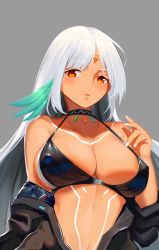Rule 34 | 1girl, absurdres, azur lane, bare shoulders, bikini, bikini under clothes, black hair, black jacket, blush, bodypaint, breasts, brown eyes, choker, cleavage, closed mouth, collarbone, covered erect nipples, facepaint, grey background, hand up, highres, jacket, large breasts, long hair, long sleeves, looking at viewer, massachusetts (azur lane), multicolored hair, nail polish, native american, open clothes, open jacket, open mouth, silver hair, simple background, solo, swimsuit, swimsuit under clothes, tan, unzipped, upper body, white nails, xiang cheng (nido)