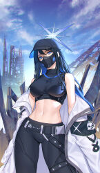 Rule 34 | 1girl, bare shoulders, baseball cap, belt, black belt, black pants, black shirt, blue archive, blue eyes, blue hair, blue hat, blue sky, breasts, cloud, coat, commentary, cowboy shot, crop top, day, hair between eyes, halo, hat, head tilt, highres, jacket, large breasts, leggings, long hair, looking at viewer, mask, midriff, mouth mask, navel, off shoulder, open clothes, open coat, outdoors, pants, saori (blue archive), shirt, siun, sky, sleeveless, sleeveless shirt, solo, standing, stomach, thighs, very long hair, white coat, white jacket