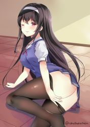 Rule 34 | 1girl, ;), ass, black hair, black pantyhose, blush, breasts, closed mouth, clothes pull, commentary request, hairband, indoors, kaetzchen, kasumigaoka utaha, long hair, looking at viewer, medium breasts, no shoes, on floor, one eye closed, pantyhose, pantyhose pull, pulling own clothes, red eyes, revision, saenai heroine no sodatekata, school uniform, smile, solo, sweater vest, tile floor, tiles, very long hair, white hairband