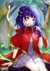 Rule 34 | 1girl, artist name, dragon girl, dragon wings, dress, fire emblem, fire emblem: the sacred stones, gao kawa, hair ribbon, highres, looking at viewer, mouth hold, myrrh (fire emblem), nintendo, purple hair, red dress, red eyes, ribbon, ribbon in mouth, smile, solo, twintails, uneven twintails, white dress, wings, wristlet