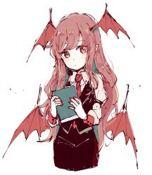 Rule 34 | 1girl, black skirt, black vest, book, closed mouth, cowboy shot, cropped legs, demon wings, dot mouth, dot nose, expressionless, hands up, head tilt, head wings, holding, holding book, jewelry, koakuma, long hair, long sleeves, looking at viewer, looking to the side, low wings, mozukuzu (manukedori), nail polish, necktie, pencil skirt, pinky ring, pointy ears, puffy long sleeves, puffy sleeves, red eyes, red hair, red nails, red necktie, red wings, ring, simple background, sketch, skirt, skirt set, sleeve cuffs, solo, standing, swept bangs, touhou, very long hair, vest, white background, wing collar, wings
