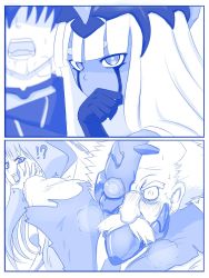 Rule 34 | !?, 001 (darling in the franxx), 10s, 2boys, 2girls, 2koma, blue theme, bodysuit, comic, commentary, dark skin, darling in the franxx, dr. franxx, facial hair, fang, hand on another&#039;s face, hand to own mouth, highres, hiro (darling in the franxx), horns, long hair, mask, monochrome, multiple boys, multiple girls, mustache, netorare, old, old man, oni horns, open mouth, pilot suit, saliva, saliva trail, scar, scar on face, short hair, sweat, thick eyebrows, viperxtr, zero two (darling in the franxx)