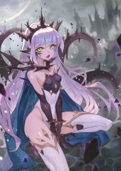 Rule 34 | 1girl, aura, bare shoulders, black gloves, blue cape, bracelet, breasts, cape, castle, covered navel, crown, elbow gloves, eldritch abomination, fangs, female focus, gem, gloves, green eyes, high heels, highres, jewelry, light purple hair, long hair, mini wings, moco (moco 28), moon, original, outdoors, pointy ears, silhouette, small breasts, solo, spiked bracelet, spikes, squatting, tentacles, thighhighs, tongue, tongue out, water, white thighhighs, wings