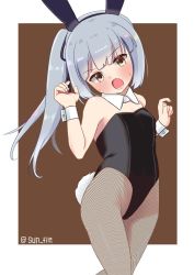 Rule 34 | 1girl, animal ears, bad neck, black leotard, border, brown background, brown eyes, commentary request, cosplay, detached collar, fake animal ears, fishnet pantyhose, fishnets, flat chest, grey hair, head out of frame, kantai collection, kasumi (kancolle), leotard, long hair, looking at viewer, open mouth, outside border, pantyhose, playboy bunny, rabbit ears, rabbit tail, side ponytail, solo, strapless, strapless leotard, sun fle, tail, twitter username, two-tone background, white border, wrist cuffs