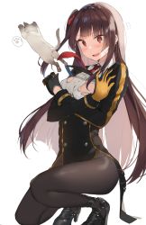 Rule 34 | 1girl, animal, bad id, bad pixiv id, black dress, black footwear, black gloves, blush, brown hair, brown pantyhose, cat, commentary, crossed arms, dress, flying sweatdrops, girls&#039; frontline, gloves, hair ribbon, head tilt, high heels, highres, long hair, necktie, one side up, open mouth, pantyhose, red eyes, red necktie, red ribbon, ribbon, sabet (young ouo), shirt, shoes, simple background, solo, squatting, sweat, tears, torn clothes, torn shirt, very long hair, wa2000 (girls&#039; frontline), white background, white shirt