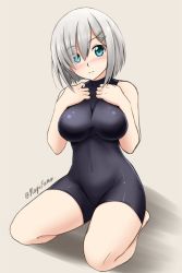 Rule 34 | 10s, 1girl, alternate costume, aqua eyes, bare shoulders, blue eyes, blush, bodysuit, breast suppress, breasts, clenched hands, closed mouth, covered navel, embarrassed, eyes visible through hair, frown, full body, fuuma nagi, grey background, hair ornament, hair over one eye, hairclip, halterneck, hamakaze (kancolle), hands on own chest, head tilt, impossible clothes, kantai collection, kneeling, large breasts, looking at viewer, nose blush, seiza, shadow, short hair, silver hair, simple background, sitting, skin tight, solo, spread legs, taut clothes, thighs, turtleneck, twitter username, unitard