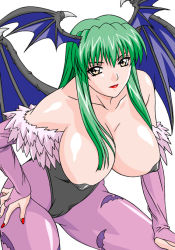 Rule 34 | 1girl, animal print, bare shoulders, bat (animal), bat print, breasts, cameltoe, capcom, censored, cleavage, convenient censoring, covered erect nipples, demon girl, elbow gloves, gloves, green hair, hair over breasts, head wings, large breasts, lipstick, long hair, makeup, morrigan aensland, nail polish, nipples, pantyhose, patterned legwear, print pantyhose, red nails, rudoni, solo, vampire (game), wings, yellow eyes