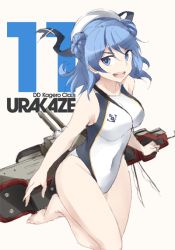 Rule 34 | 10s, 1girl, alternate costume, anchor symbol, bad id, bad twitter id, bare arms, bare legs, barefoot, blue eyes, blue hair, breasts, character name, collarbone, competition swimsuit, double bun, eyebrows, groin, hair bun, hat, kantai collection, large breasts, leg up, looking to the side, machinery, matching hair/eyes, one-piece swimsuit, open mouth, sailor hat, shigino sohuzi, simple background, sleeveless, solo, swimsuit, urakaze (kancolle), white hat