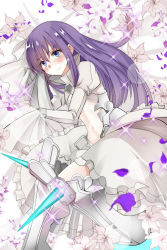 Rule 34 | 10s, 1girl, armor, armored boots, blue eyes, blush, boots, closed mouth, fate/extra, fate/extra ccc, fate/grand order, fate (series), floral background, flower, from above, juliet sleeves, lily (flower), long hair, long sleeves, lying, meltryllis (fate), meltryllis (third ascension) (fate), navel, on side, puffy sleeves, purple hair, solo, sparkle, white flower, yuge (yuge bakuhatsu)