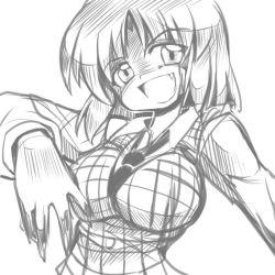 Rule 34 | &gt;:d, 00s, 1girl, :d, breasts, evil smile, fang, female focus, greyscale, head tilt, impossible clothes, impossible shirt, kazami yuuka, large breasts, looking at viewer, monochrome, necktie, open mouth, plaid, plaid vest, shaded face, shirt, short hair, simple background, sketch, smile, solo, touhou, traditional media, upper body, v-shaped eyebrows, vest, white background, yuki hime haruka