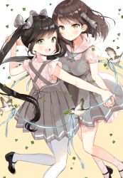 Rule 34 | 2girls, anco (melon85), bird, black bow, black footwear, black hair, black ribbon, blue ribbon, bow, brown eyes, brown hair, clover, commentary request, dress, four-leaf clover, green eyes, hair bow, hair ribbon, holding hands, looking at viewer, looking back, mary janes, multiple girls, original, overall skirt, pantyhose, pinafore dress, pleated skirt, ribbon, shoes, short sleeves, skirt, sleeveless dress, smile, socks, twintails, white legwear, yuri