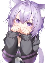 Rule 34 | 1girl, ahoge, animal ear fluff, animal ears, black collar, black hoodie, cat ears, cat tail, collar, covering own mouth, hair between eyes, hands up, highres, hololive, hood, hoodie, light particles, long sleeves, looking at viewer, nekomata okayu, nekomata okayu (1st costume), purple eyes, purple hair, ryota (ry o ta), signature, simple background, sleeves past wrists, solo, tail, tail raised, upper body, virtual youtuber, white background