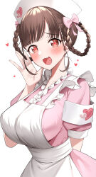 Rule 34 | 1girl, absurdres, apron, armband, blush, braided hair rings, breasts, brown hair, commentary request, fang, gawawawa, hat, heart, highres, idolmaster, idolmaster shiny colors, large breasts, looking at viewer, nurse, nurse cap, pink shirt, red eyes, shirt, simple background, skin fang, smile, solo, sonoda chiyoko, white apron, white armband, white background