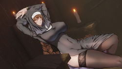 Rule 34 | 1girl, arm up, braid, breasts, brown hair, candle, character request, covered erect nipples, covered navel, highres, jim dez, large breasts, long hair, nun, side slit, single braid, sitting, skindentation, solo, thighs, very long hair, virtual youtuber, yellow eyes