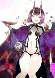 Rule 34 | 1girl, :d, cup, fate/grand order, fate (series), gourd, horns, ishida sui, japanese clothes, kimono, navel, oni, open mouth, purple eyes, purple hair, sakazuki, short hair, shuten douji (fate), shuten douji (first ascension) (fate), smile, solo