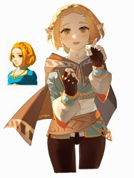 Rule 34 | 1girl, black pants, blonde hair, blue shirt, braid, brown gloves, cape, commentary, crown braid, fingerless gloves, gloves, green eyes, grey cape, gura (guragrass), hair ornament, hairclip, highres, hood, hood down, hooded cape, looking at viewer, nintendo, official alternate hairstyle, official art inset, pants, pointy ears, princess zelda, prototype design, shirt, short hair, sidelocks, signature, simple background, standing, the legend of zelda, the legend of zelda: tears of the kingdom, white background
