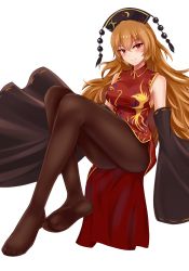 Rule 34 | 1girl, absurdres, adapted costume, ass, bare shoulders, blonde hair, blush, breasts, brown pantyhose, china dress, chinese clothes, commentary request, detached sleeves, dress, full body, hair between eyes, headdress, highres, invisible chair, junko (touhou), knees up, large breasts, long hair, long sleeves, looking at viewer, no shoes, pantyhose, red dress, red eyes, ribbon-trimmed sleeves, ribbon trim, short dress, simple background, sitting, sleeves past fingers, sleeves past wrists, smile, solo, tassel, thighs, touhou, very long hair, white background, wide sleeves, wing collar, wuwusan