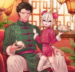 Rule 34 | 2boys, ahoge, androgynous, baozi, black eyes, black hair, bob cut, chinese clothes, couch, cropped legs, dim sum, double-parted bangs, double bun, earrings, eating, food, green shirt, hair between eyes, hair bun, hand on another&#039;s chest, highres, holding, holding tray, jewelry, lantern, looking at another, looking at viewer, medium hair, multiple boys, no eyebrows, ohayousan 084, original, pale skin, pants, paper lantern, parted bangs, pelvic curtain, pink footwear, pink lips, pink nails, pink shirt, pink shorts, plant, pointy ears, potted plant, purple eyes, raoul (ohayousan 084), rose (ohayousan 084), shirt, short hair, shorts, smile, spiked hair, tassel, tassel earrings, thighhighs, trap, tray, vampire, white hair, white pants, white thighhighs, window