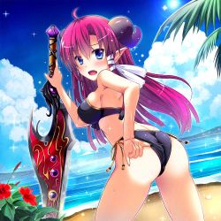 Rule 34 | 1girl, adjusting clothes, adjusting swimsuit, ass, beach, bikini, black bikini, blue eyes, breasts, day, demon girl, fang, from behind, kazumasa, looking back, original, pointy ears, purple hair, solo, swimsuit, sword, weapon