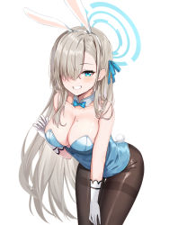 Rule 34 | 1girl, animal ears, asuna (blue archive), asuna (bunny) (blue archive), bare shoulders, blue archive, blue eyes, blue leotard, blush, bow, bowtie, breasts, brown pantyhose, cleavage, commentary request, detached collar, elbow gloves, eric (tianqijiang), fake animal ears, gloves, hair over one eye, halo, highleg, highleg leotard, highres, large breasts, leotard, light brown hair, long hair, looking at viewer, mole, mole on breast, pantyhose, playboy bunny, rabbit ears, solo, strapless, strapless leotard, thighs, traditional bowtie, white gloves